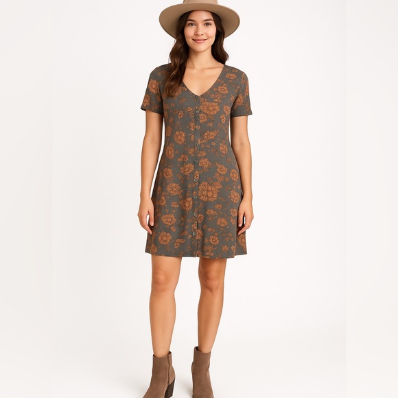 manydress Dresses & Skirts - short sleeve button down gray dusty rose floral cottagecore dress